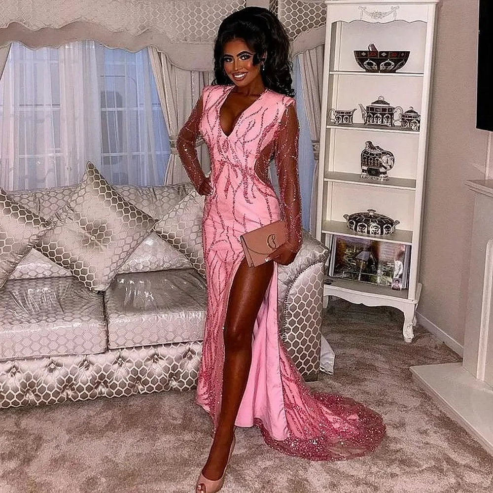 

Aso Ebi Lace Evening Dresses With V Neck vestidos de noche Illusion Long Sleeves Prom Dress Sweep Train Mermaid Party Gowns