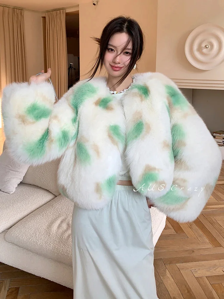 

Sheepskin Genuine Real Fur Coat Women Short Fashion Tie-dye Natural Fox Outerwear Female Fluffy Warm Winter Jackets