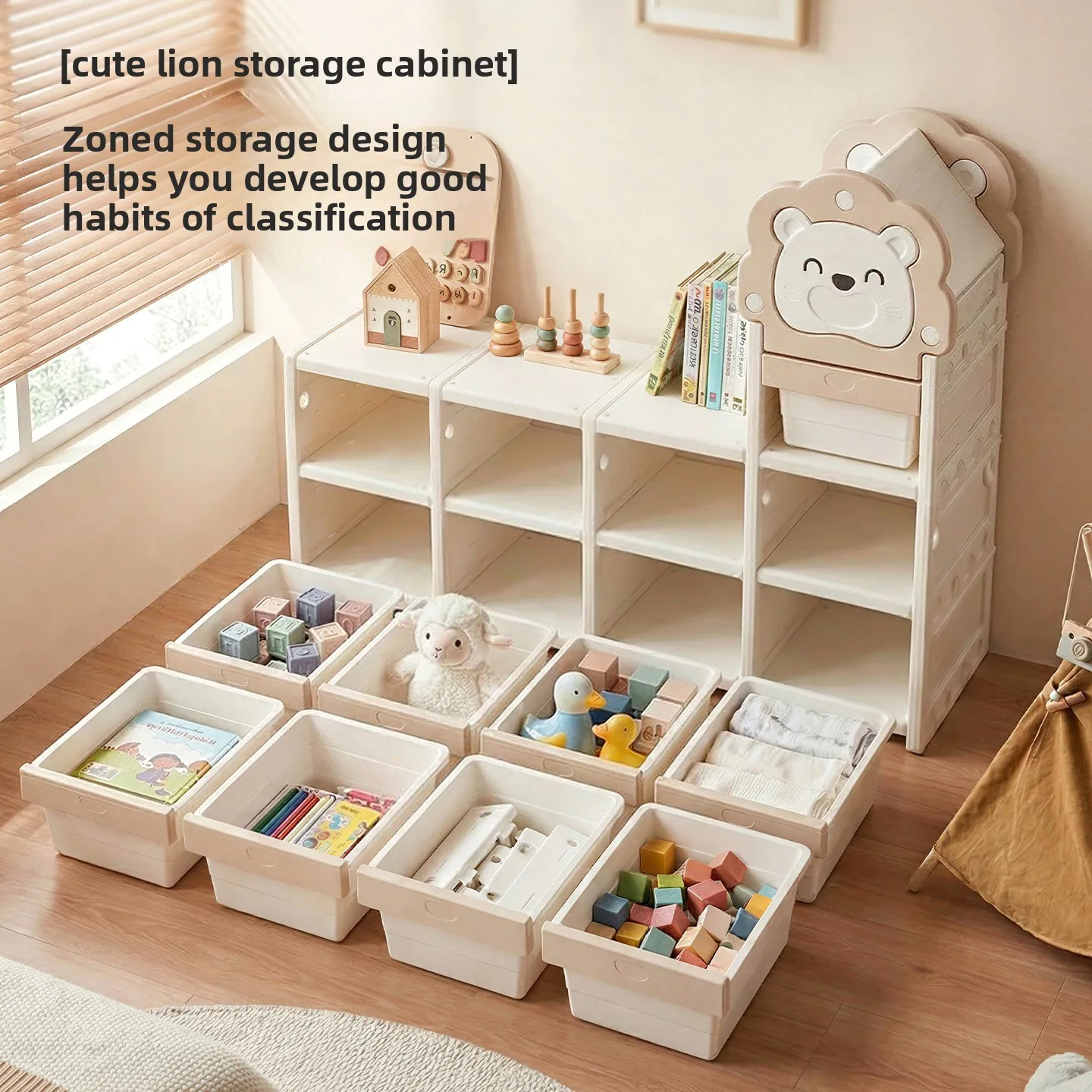 Large Capacity Kids Toy Storage Cabinet, Organizer Shelf with Storage Bins for Baby Feeding Area, Learning Desk Rack