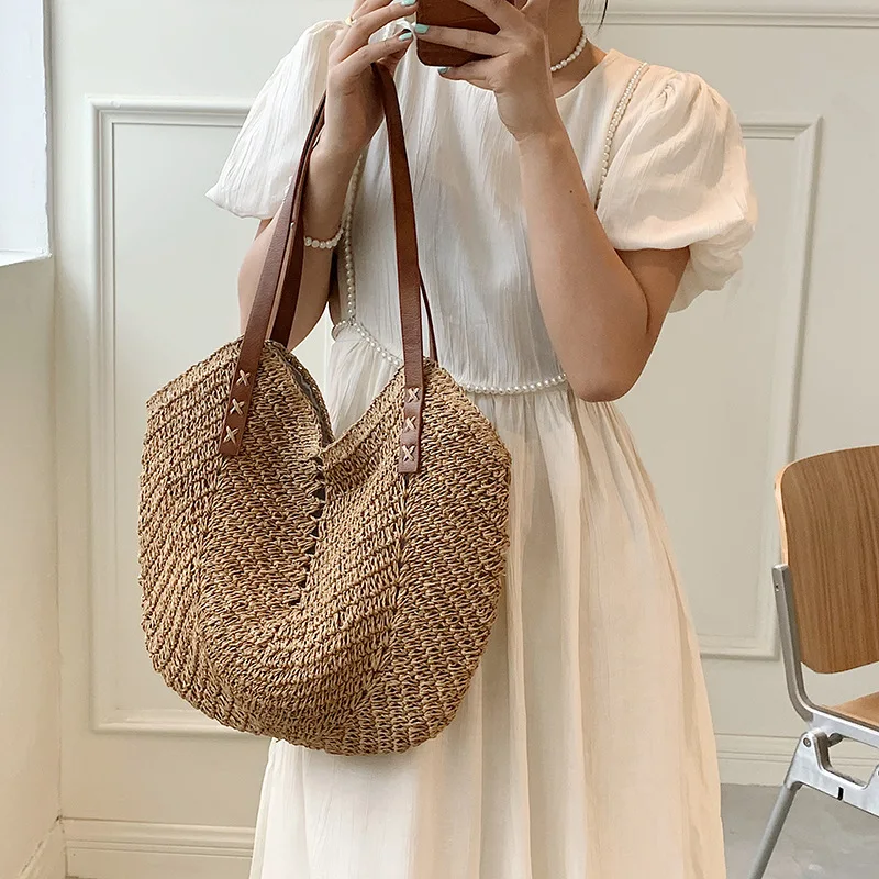 Summer Bucket Straw Bags for Women Rattan Shoulder Bag High Quality Handmade Woven Beach Handbags Female Large Capacity Totes