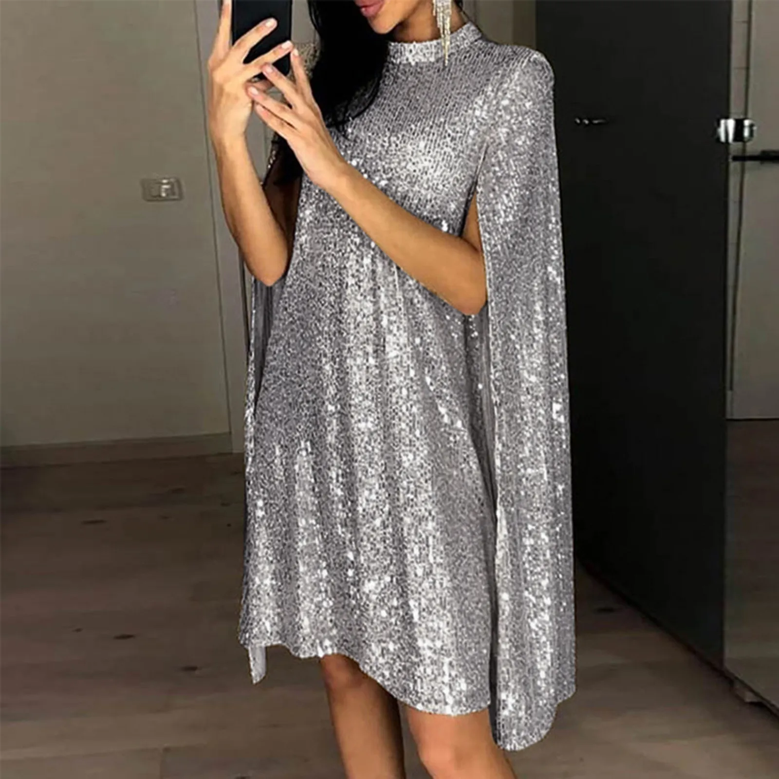 Cloak Style Women Sequin Formal Dress Turtleneck Split Long Sleeve Evening Party Dresses Elegant Shining Cocktail Lady Vestidos