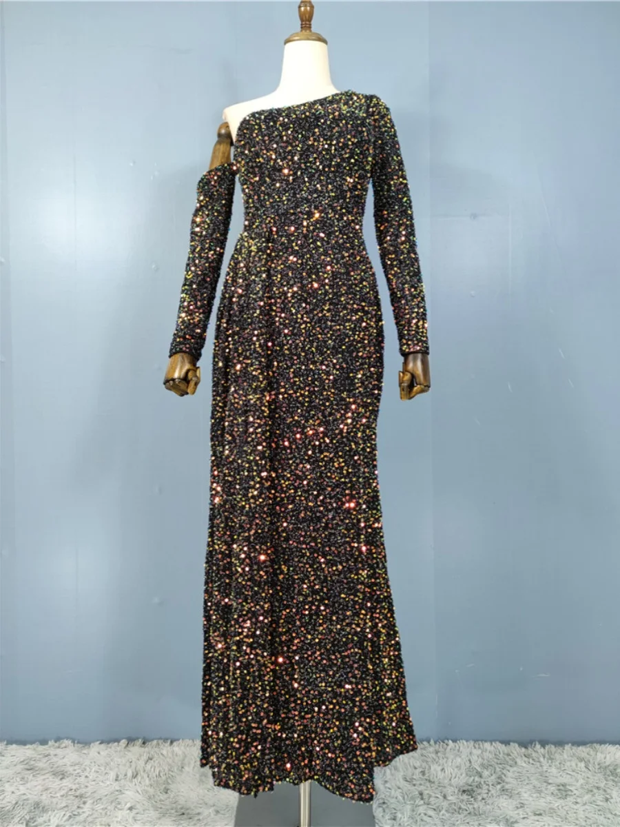 

Elegant Long Sleeve Sequin Gown with Waist Cinch Vintage Cross Neck Party Dress Single Piece a Line Skirt Summer Collection
