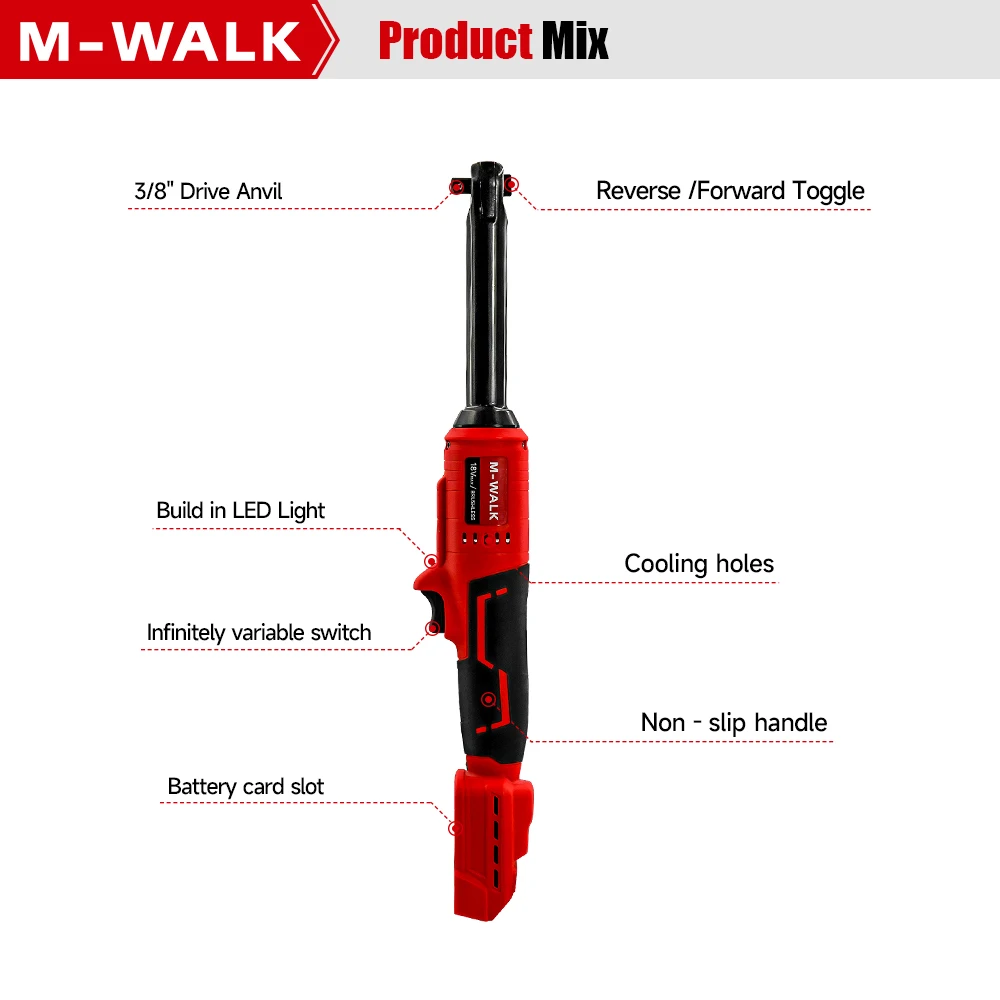 Klucz dynamometryczny elektryczny bezszczotkowy Milwaukee 18V z pinem M-WALK, 3/8\", 80N.m, przedłużony, do napraw samochodowych i konserwacji, elektronarzędzia
