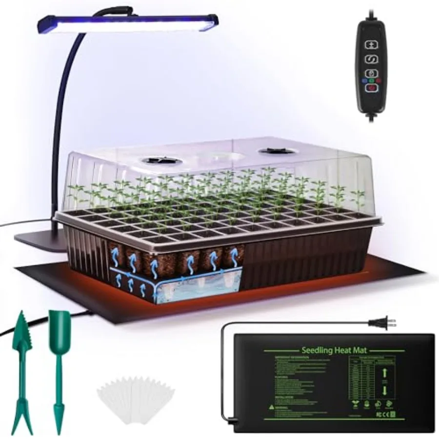60-Cell Self-Watering Seed Starter Kit with Grow Light and Heat Mat, Seedling Tray with Humidity Dome, Indoor Plant Germination