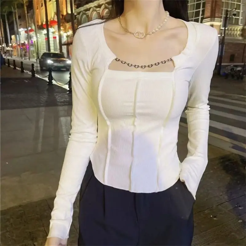 

Sexy Square Collar Bottoming Shirt Femme Interior Lapping Spring Solid Color Long Sleeve T-Shirts Women's Simplicity Top Tee