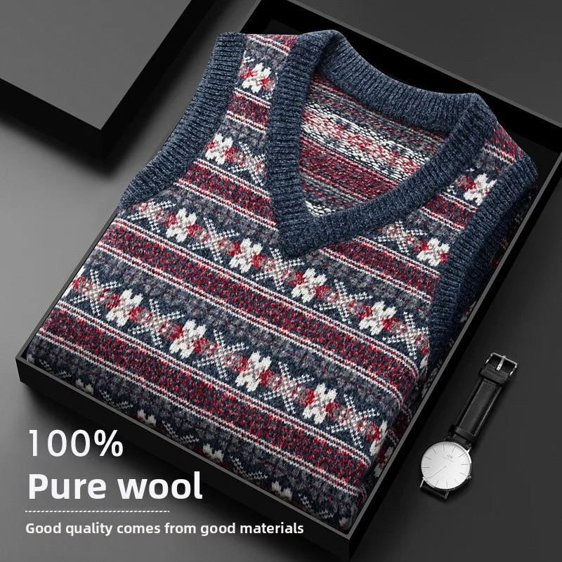 

Fashion V-neck Vest Ethnic Style Floral Pattern 100% Pure Wool Sweater Vest