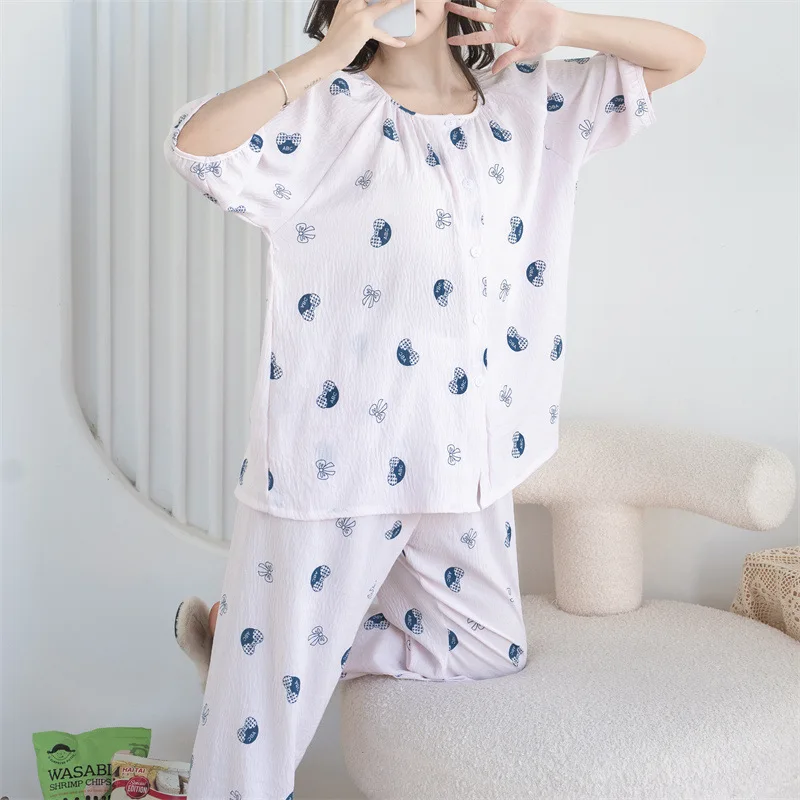 Set piyama Korea wanita, celana panjang setengah lengan, baju tidur katun bermotif, pakaian malam musim panas, pakaian rumah dua potong