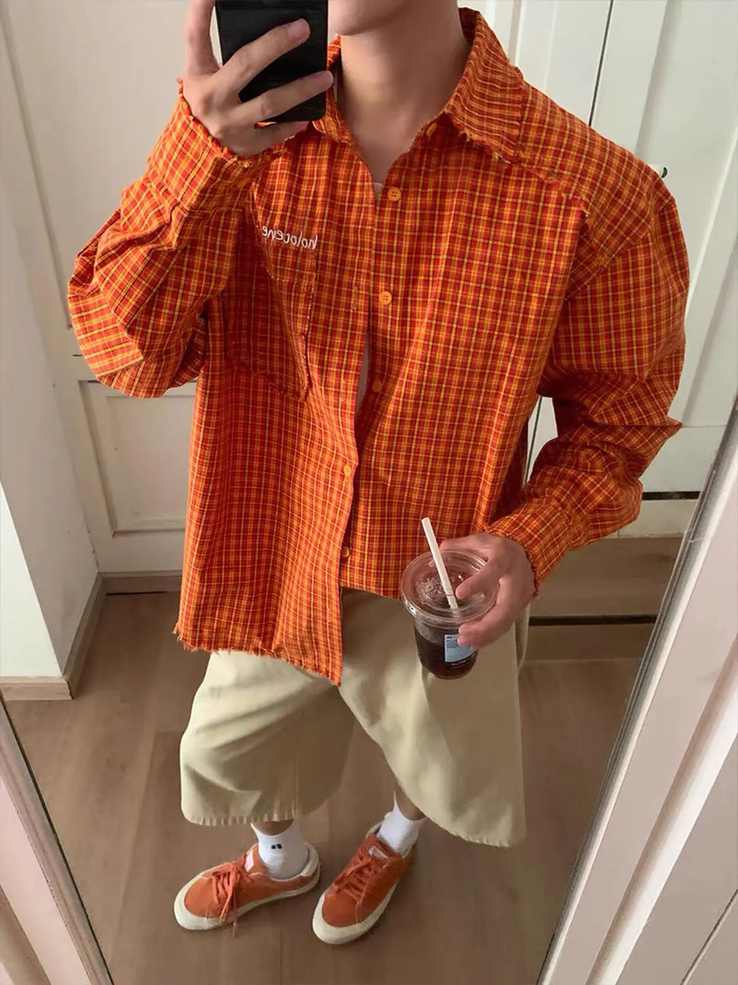American Retro Orange Yellow Long Sleeve Shirt Men Women Dopa Plaid Shirt High Quality Couple Plaid Jacket Cotton Pure