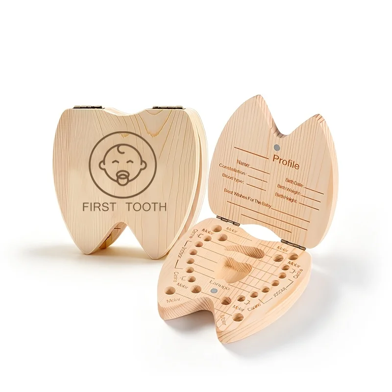 1PCS Wooden Tooth-Shaped Keepsake Box 2D Flat Design Storing First Tooth Fetal Hair Tooth Commemorative Storage Box Birthday