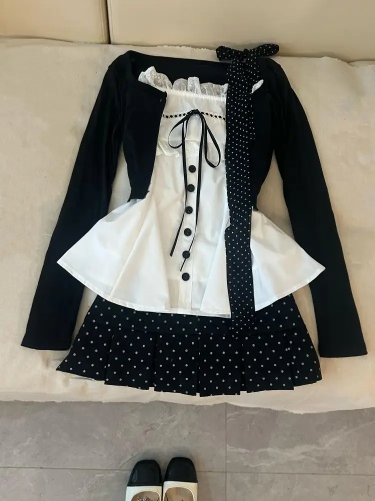 

2026 Sweet Casual Elegant New 3 Piece Sets Women Design Cardigan+ Retro Blouse+ Pleated Skirt Female Chic Korean Popular Clothes