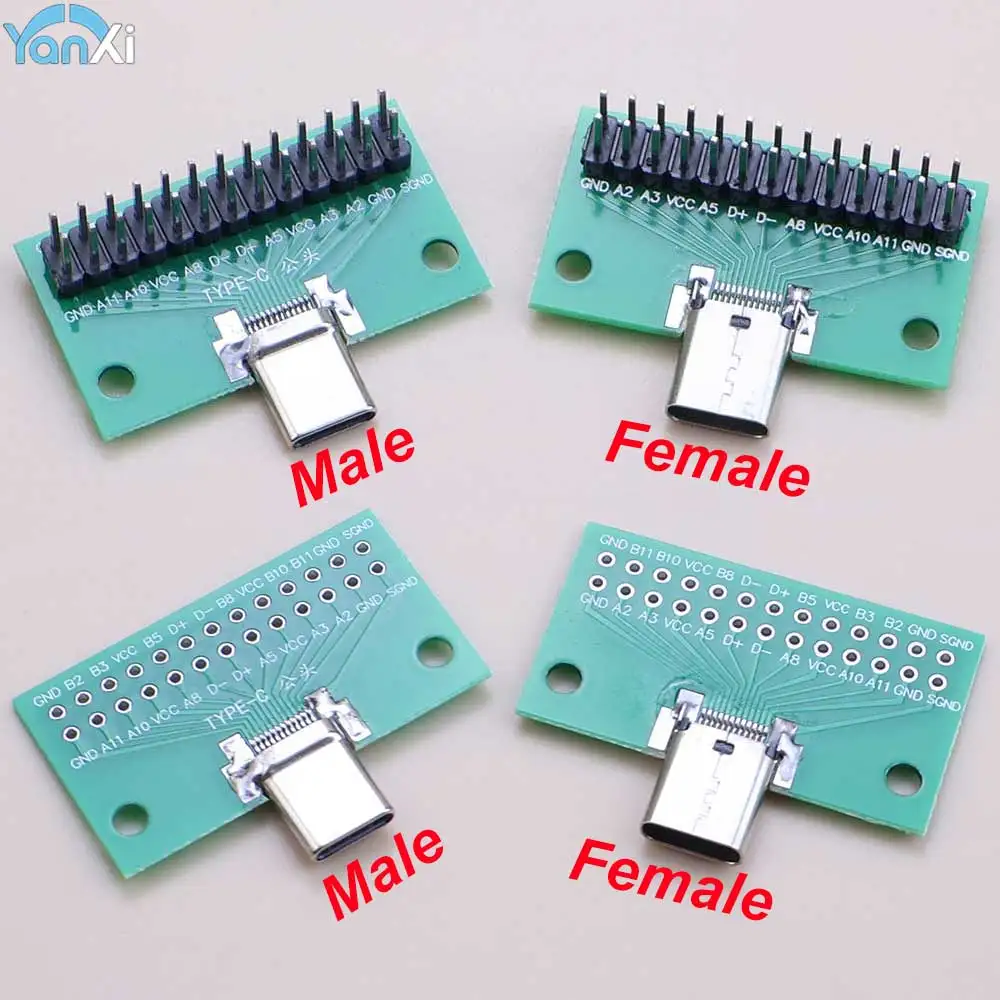 YanXi Type-C Male Female Test Board USB 3.1  24Pin 2.54mm Connector Socket PCB Converter Data Cable Adapter Board