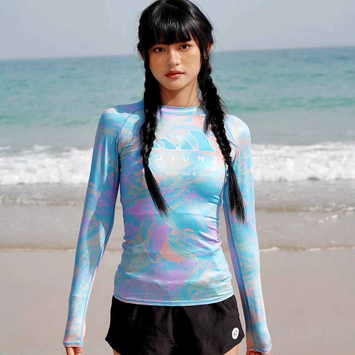 Nu-June Camicie da surf Manica lunga Donna UPF50 + Rash Guard Costumi da bagno Traspirante Slim Fit Costume da bagno ad asciugatura rapida Set di abbigliamento da spiaggia