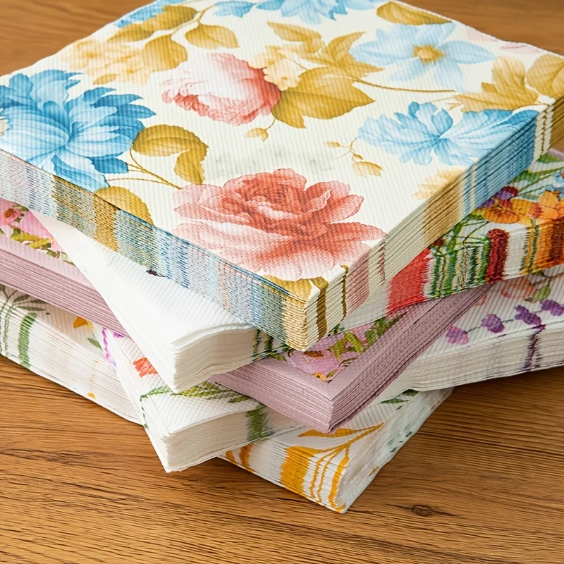 80 Colorful Floral Napkins, Thick, Soft, Tear Resistant, Small Square Scarves Printed with Flowers, Perfect for Table Decoration