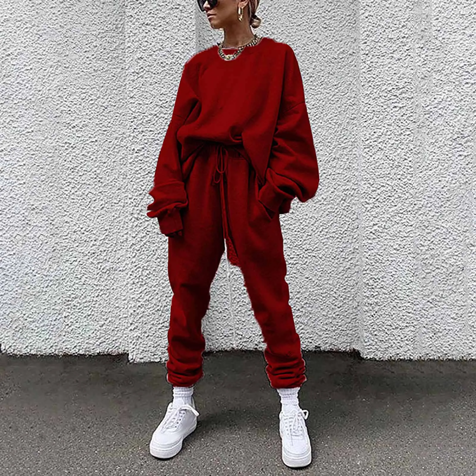 Women's Solid Color Loose Casual Hoodie Athletic Wear 2 Piece Suit Round Neck Long Sleeves Tops And High Waisted Pants Sets