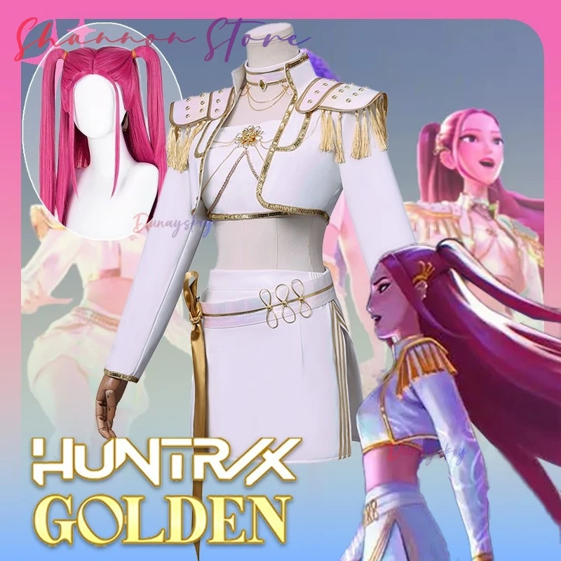 Kpop Охотник на демонов Косплей Костюм Парик Huntrix Mira Белый костюм Корейская волна Суперзвезда Идол Наборы для выступлений Хэллоуин Золотой