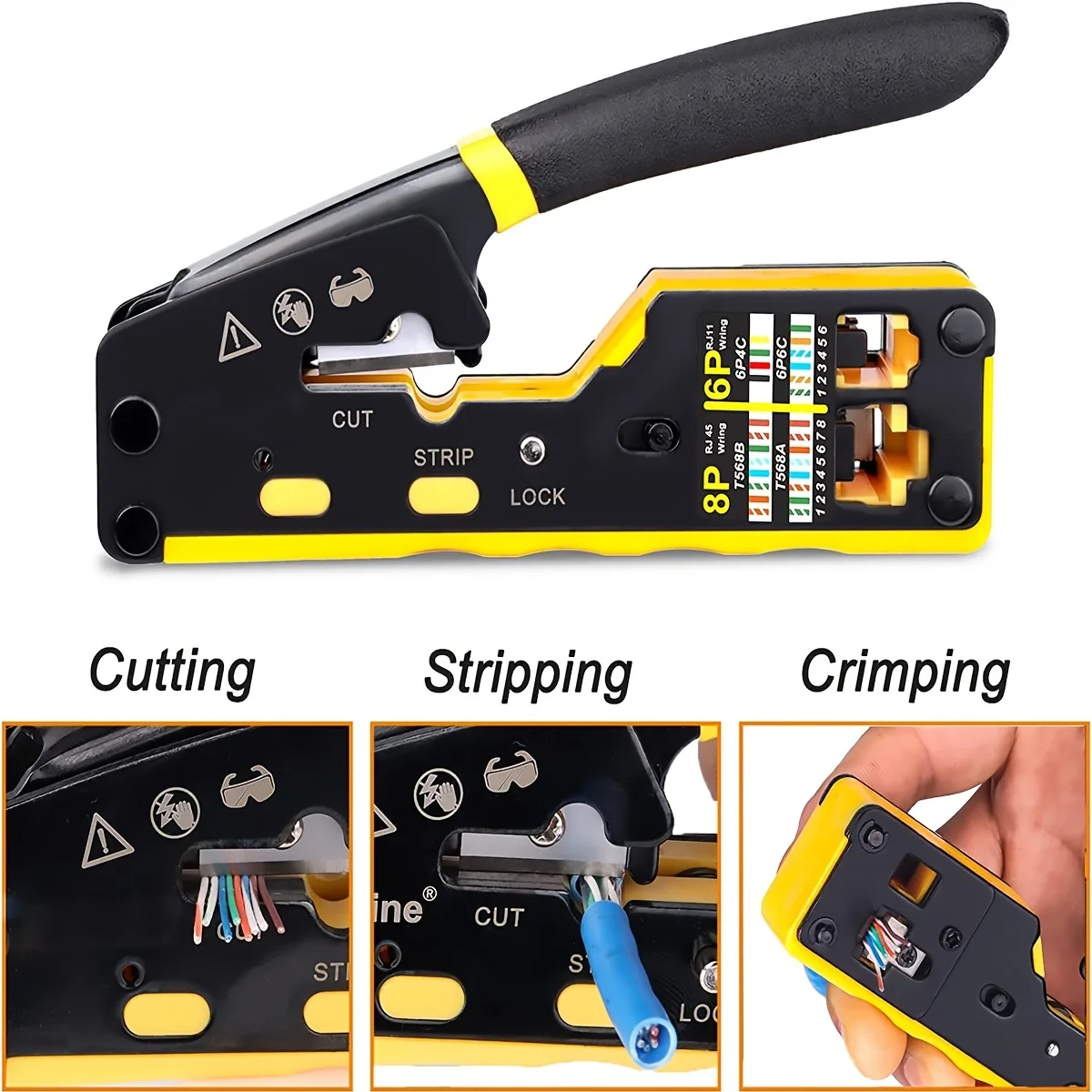 Ratcheting Modular Data Cable Crimper / Wire Stripper / Wire Cutter for RJ11/RJ12 Standard, RJ45 Pass-Thru Connectors