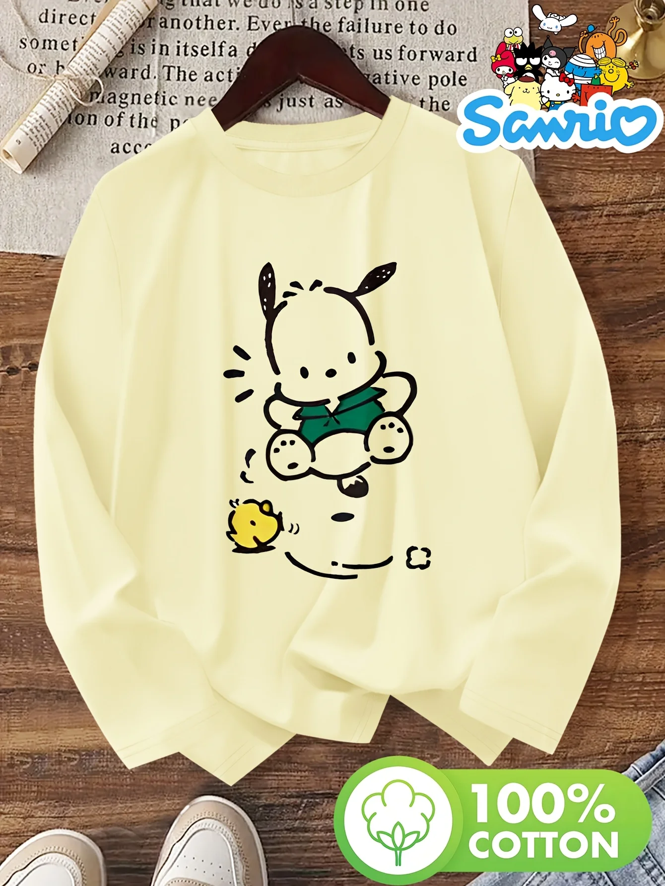

Хлопковая футболка с принтом Sanrio, круглым вырезом и длинными рукавами, из высококачественной ткани, повседневная, подходит для машинной стирки.