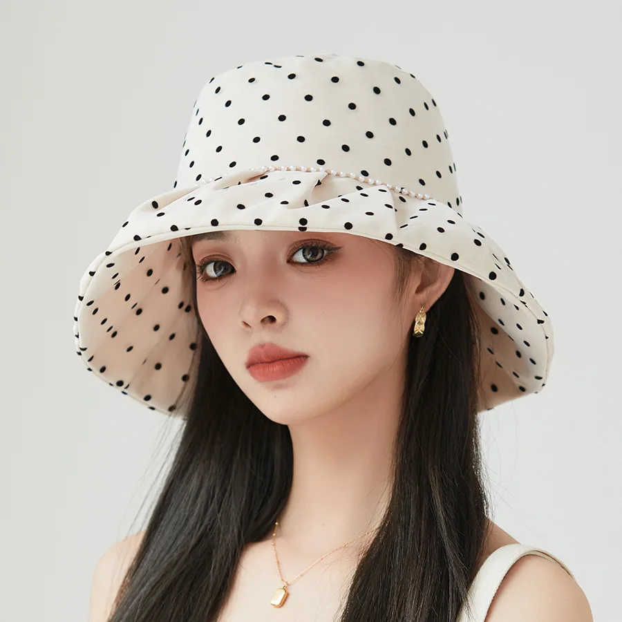 Korean version of small fragrant wind double mesh pearl fisherman hat women elegant temperament fashion large rim sun visor