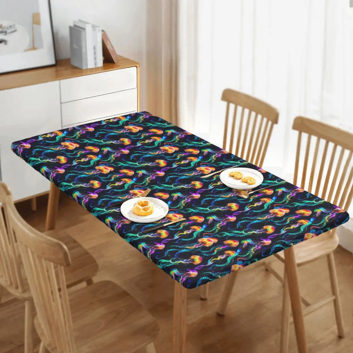 Psychedelic Bioluminescent Trippy Jellyfish Customized Rectangular Oilproof Tablecloth Table Cover for Dining Events Table Cloth