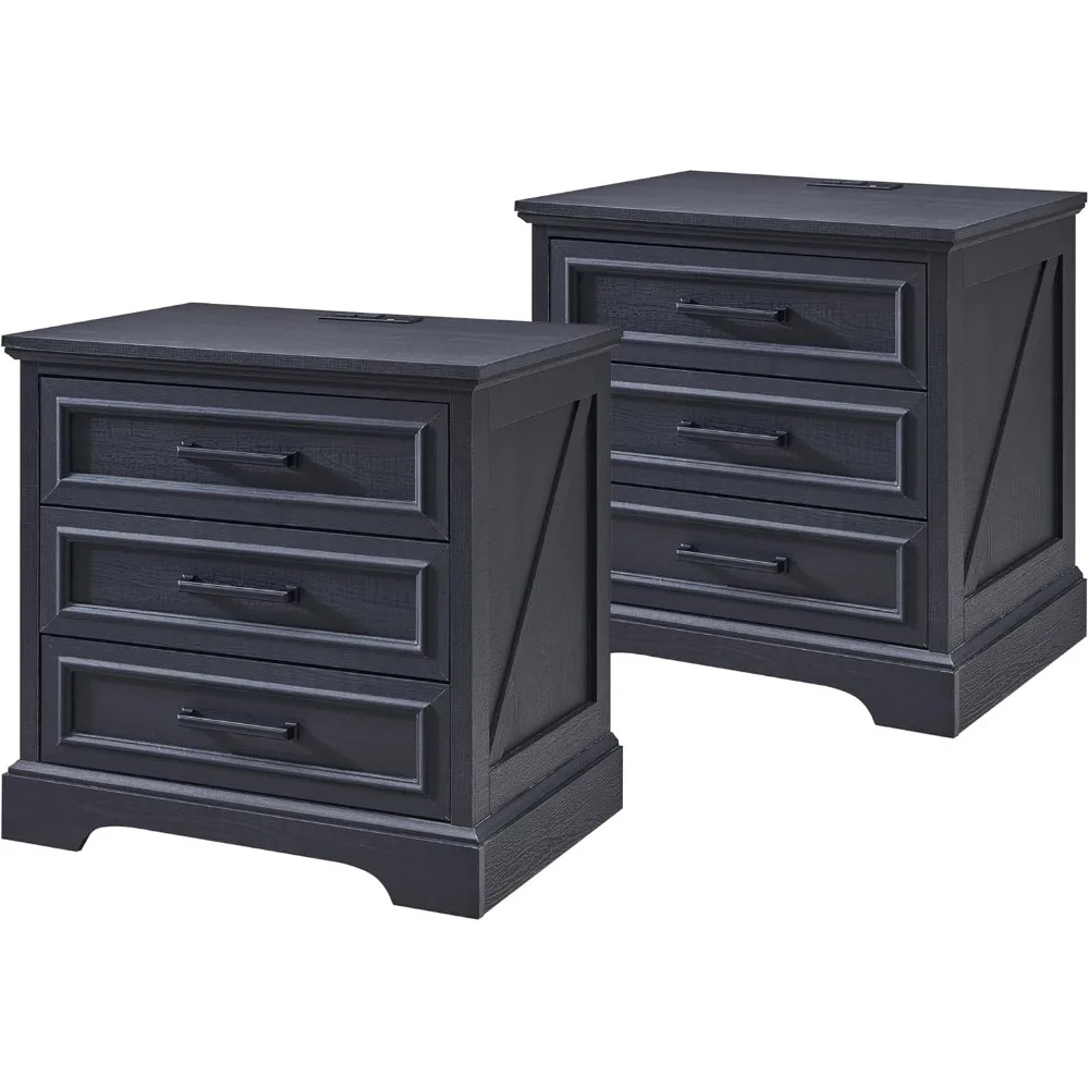 

farmhouse nightstands set of 2, 22 inch wide end table with charging station & 3 large drawers, rustic wood small dresser chest
