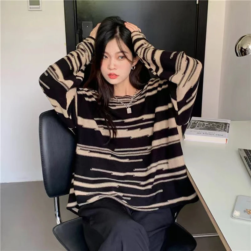 Gothic Striped Women Knitting Sweater Y2K Fashion Streetwear Patchwork Punk Pullover Female Loose Long Sleeve O Neck Jumpers