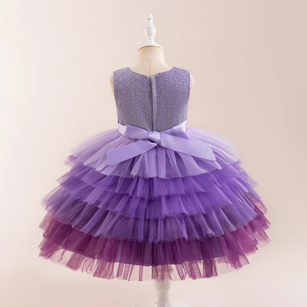 Purple Gradient Girls Party Dress Fluffy Mesh Flower Birthday Wedding Prom Princess Dresses for Kids Bridemaid Evening Clothing