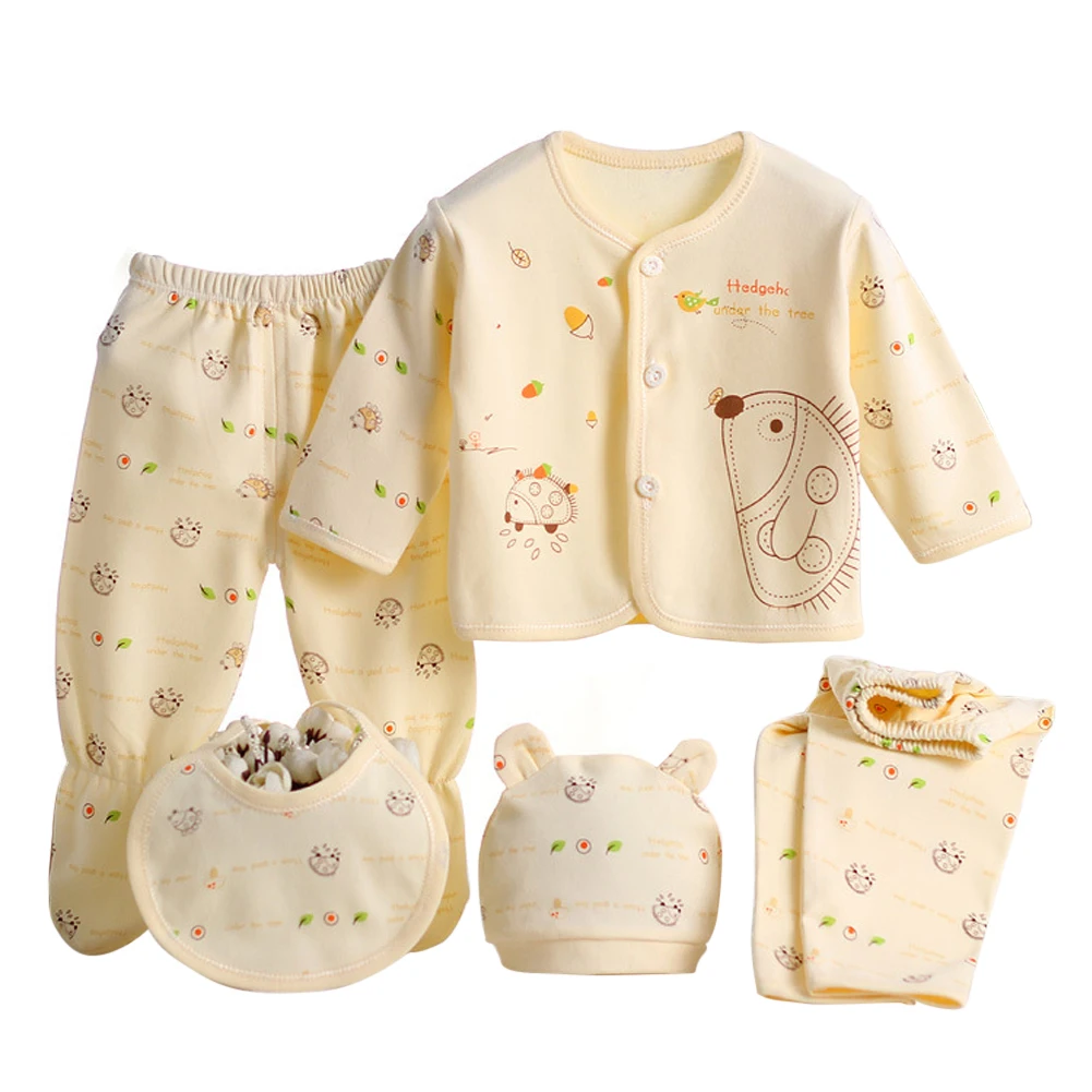 5PCS Newborn Baby Boys Girls Layette Set Cotton Sleepwear Tops Hat Pants Bib Suit Outfit Clothes Sets for 0-3M