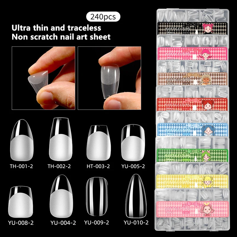 240pcs/Box Nail Tips Supplies,Full Cover False Nail Tips For Acrylic Nails Gel,Extra Short Almond Nail Tip Square Medium