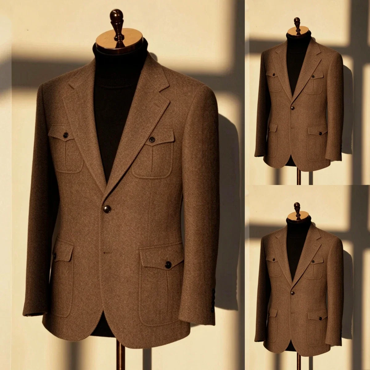 Men Safari Hunting Jacket Khaki Wool Blend Blazer Multi Flap Pockets Single Breasted Regular Fit Winter Outdoor Customized