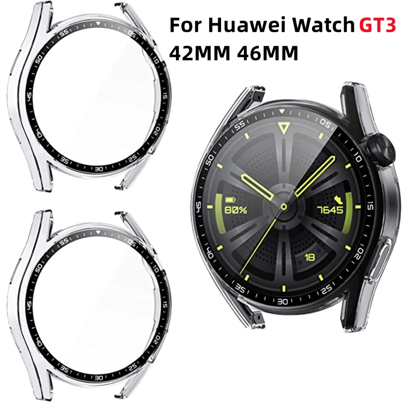 Bumper Protective Case For for Huawei Watch GT3 46mm Band Watch GT3 42mm All-Around Soft PC Tempered Glass Screen Protector