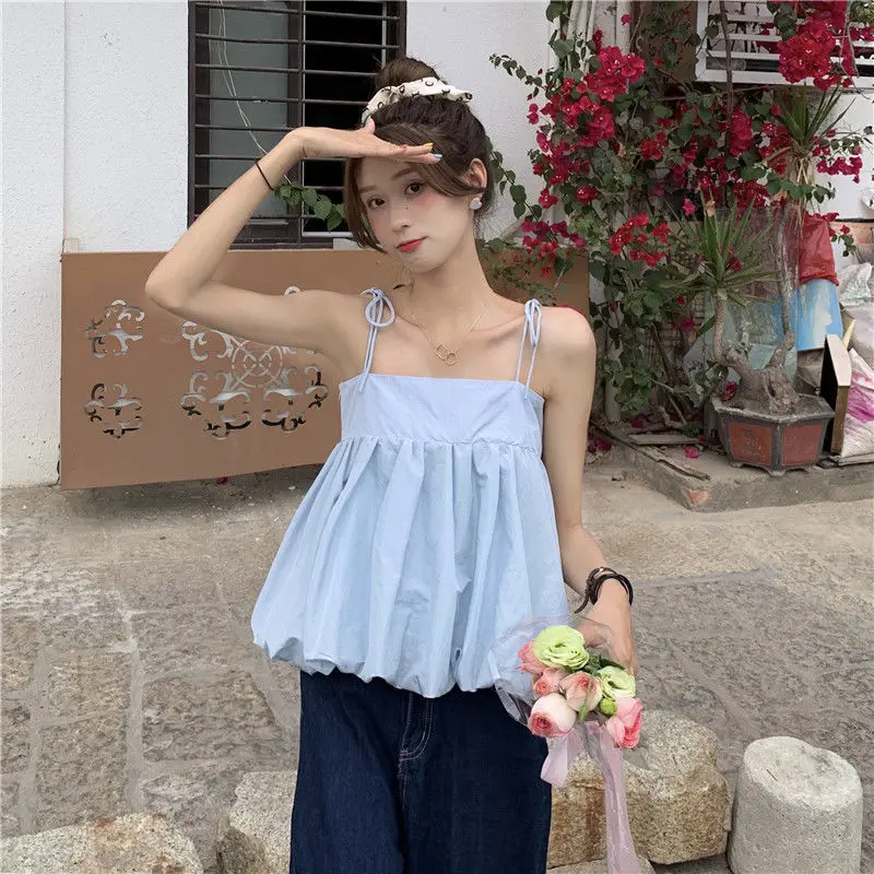 Blue Camisoles Women Backless Fresh Basic Sleeveless Tees Bandage Summer Camis Girls Ulzzang Tank Tops Fashion All-match Mujer