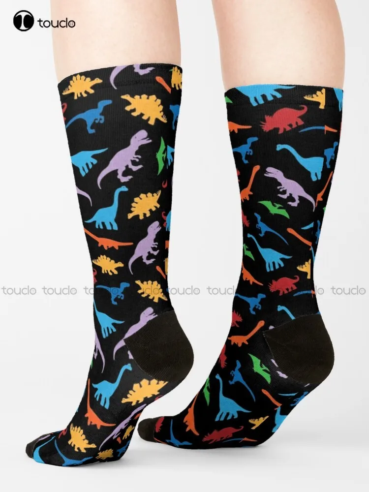 7 Dinosaur Species Colorful Silhouette Transparent Background Pattern Socks Bride Socks Personalized Custom Gift Harajuku Retro