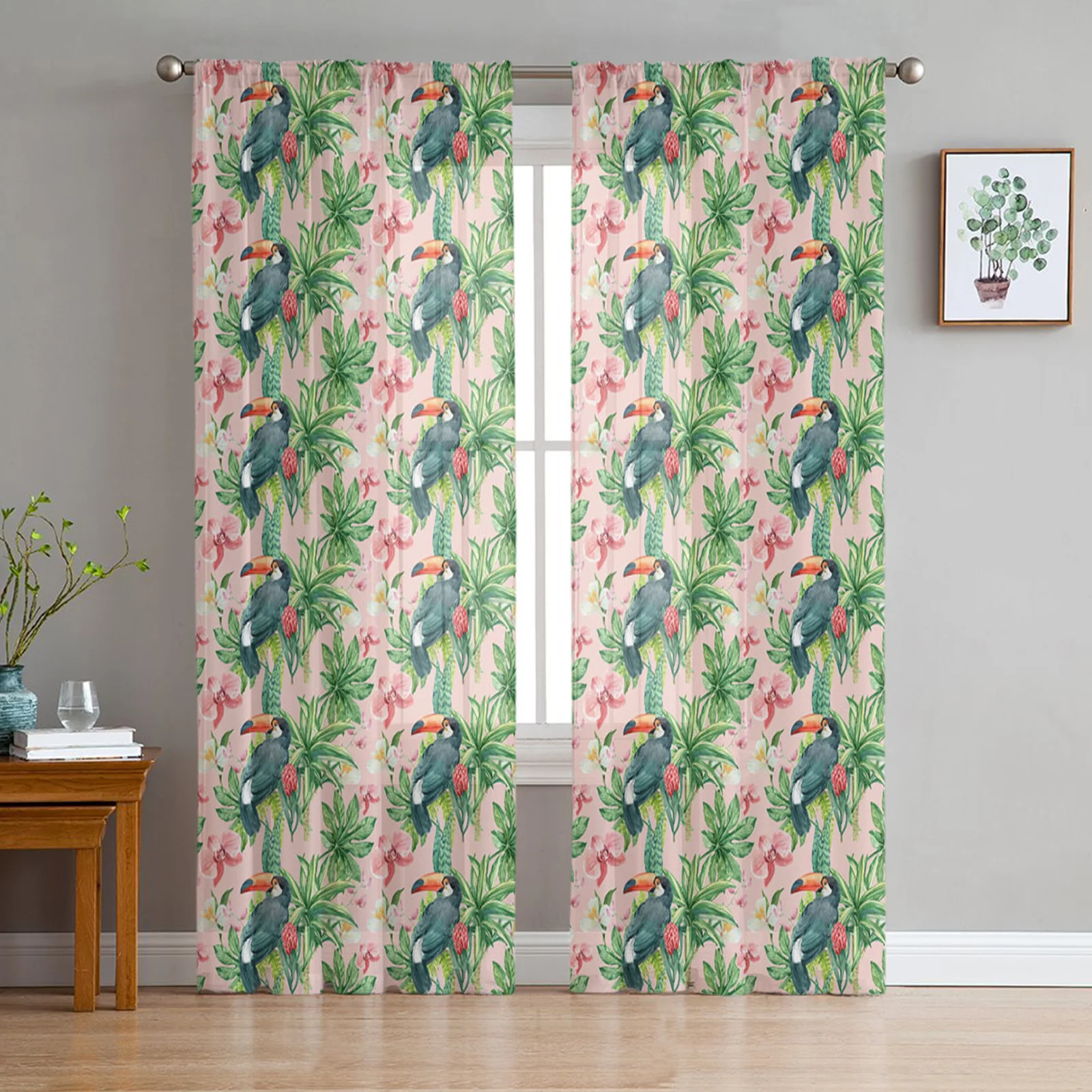 Toucan Tropical Plant Flower Tulle Sheer Curtains for Living Room Bedroom the Room Kitchen Voile Organza Decoration Curtains