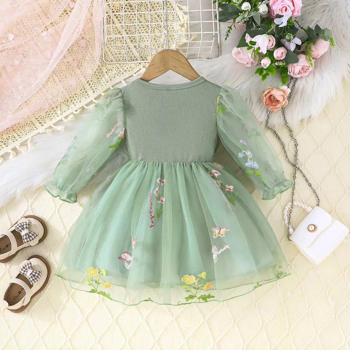 Winter 2024 Girls Dress Long Sleeve Embroidery Floral Mesh Green Dress Cute Preepy Look Birthday Party Dresses Vestidos 6M-3T