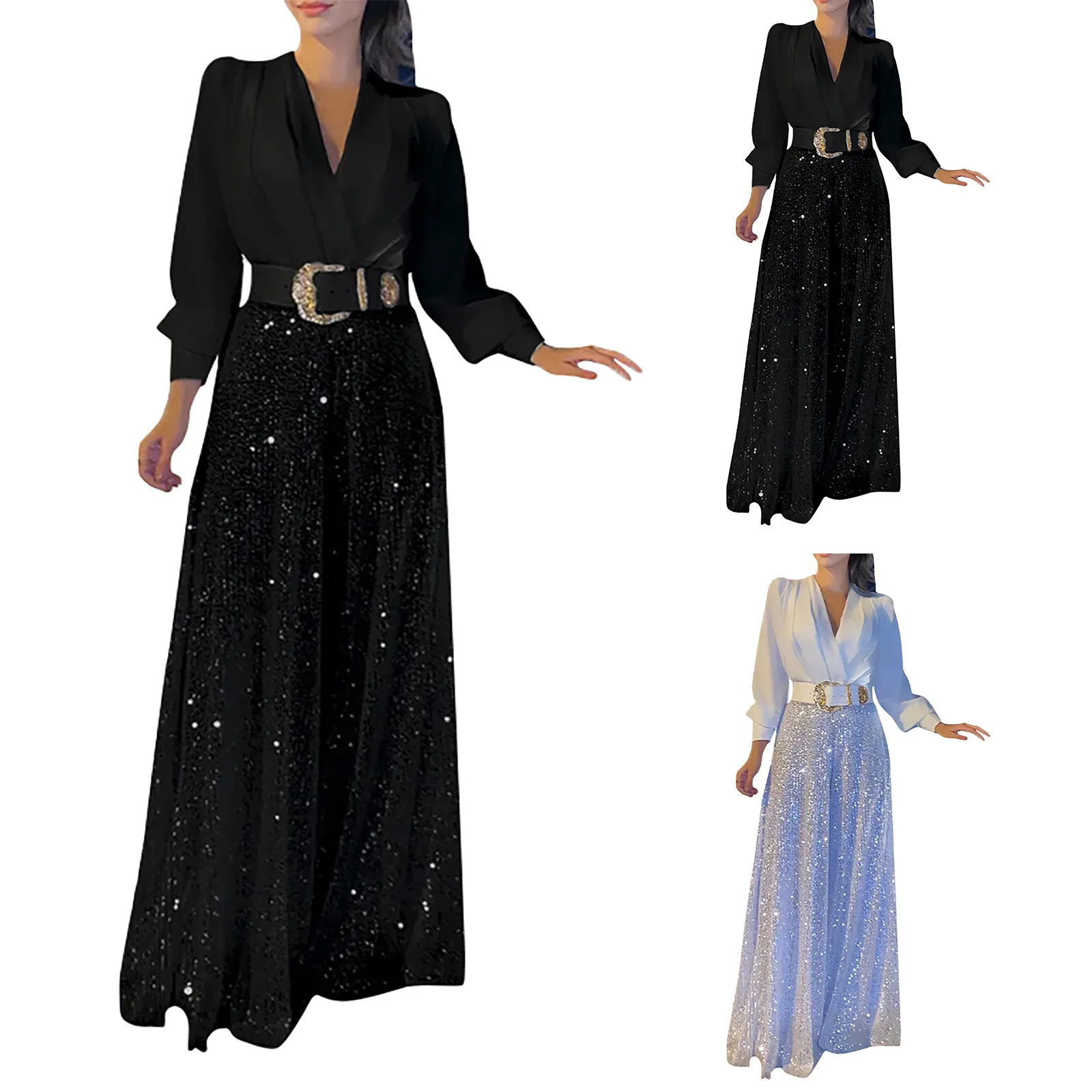 Wide Leg Pants Rompers Female Elegant Temperament Evening Jumpsuits Sequin Fashion Shirt Jumpsuit Women Party V-Neck Long Sleeve