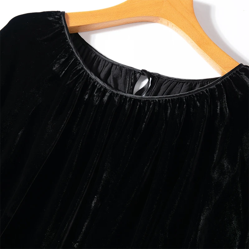 Women Silk Velvet Midi Dress Real Mulberry Silk Solid Color Black O Neck Lantern Sleeve Elegant Loose Long Dress M1051