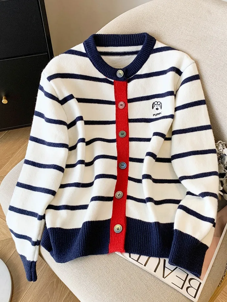

Women's Loose Knitted Sweater Coat Stripe Pattern Early Autumn Slimming Outerwear Casual Sle Long Sve round Ne Button
