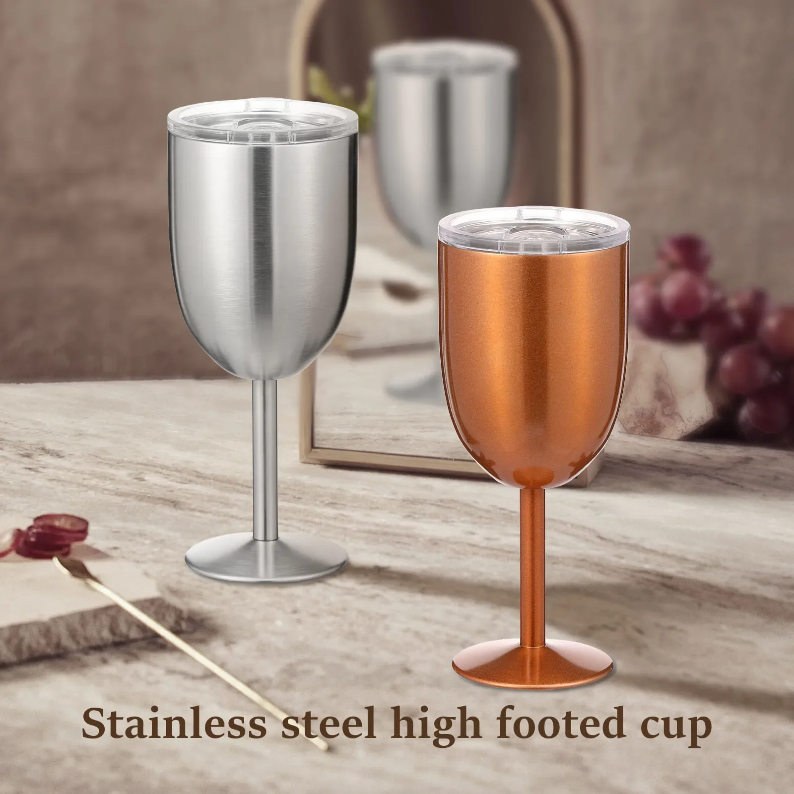 304 Stainless Steel Wine Goblet with Lids Leak-proof Insulated Double Walled Wine Glass Wineware for Party Candlelight Dinner