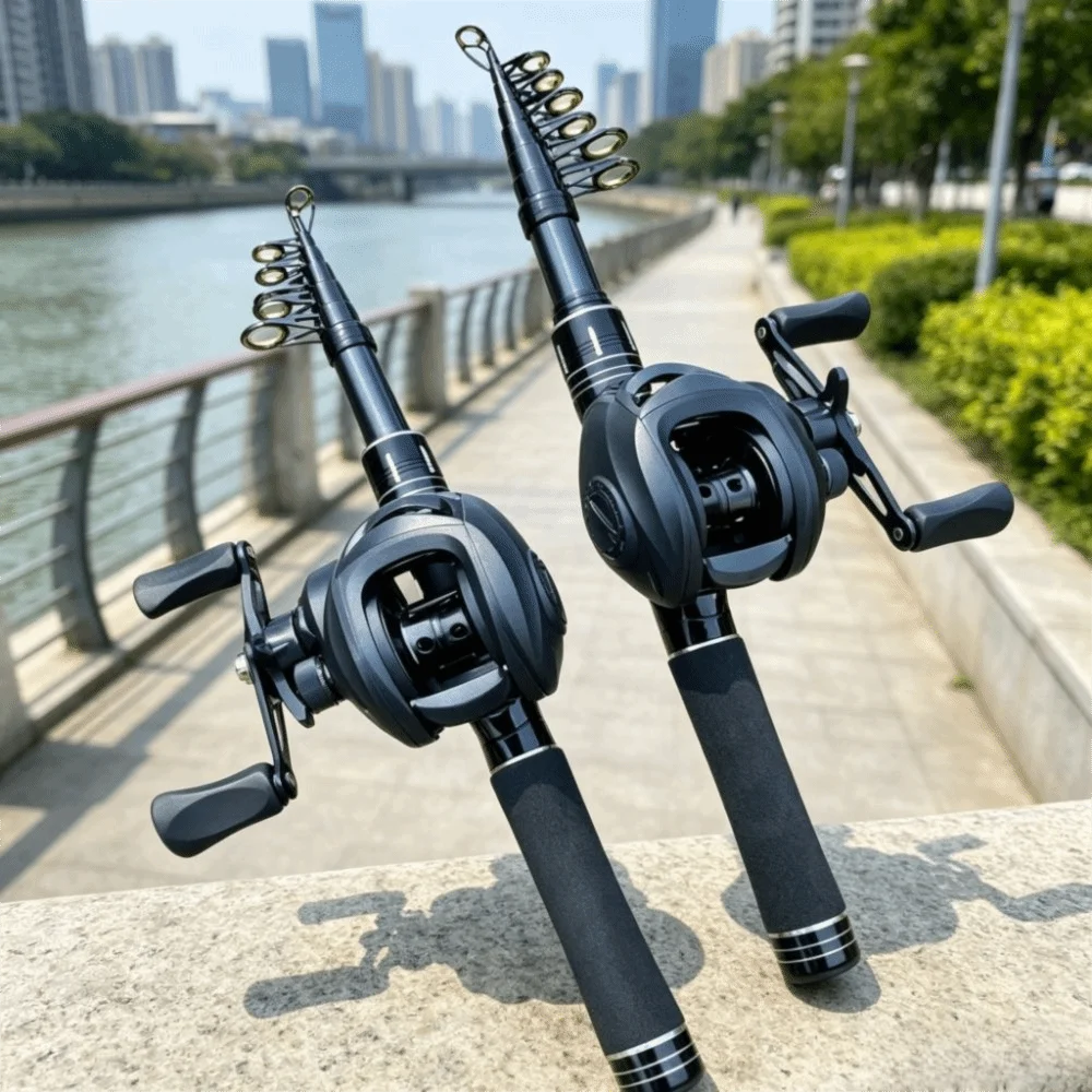 Ultralight Telescopic Fishing Rod Long Casting 1.5-2.4M Travel Fishing Pole Mini 7.2:1 Baitcasting Reel Combo Bass Fishing