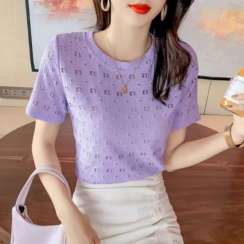 Korean Fashion Summer T-Shirts New Women\'s O-Neck Solid Lace Hollow Out Temperament Versatile Loose Short Sleeve Knitting Tops