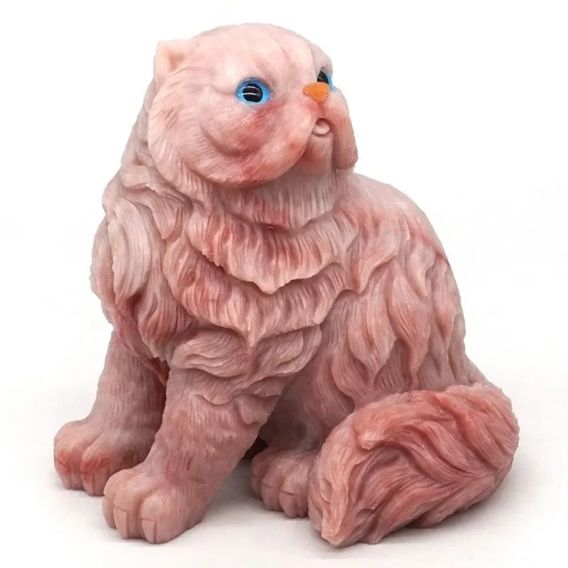 Fengshui Natural Gemstone Pink Opal Persian Cat Crystal Carved Animal Figurine Crystal Crafts