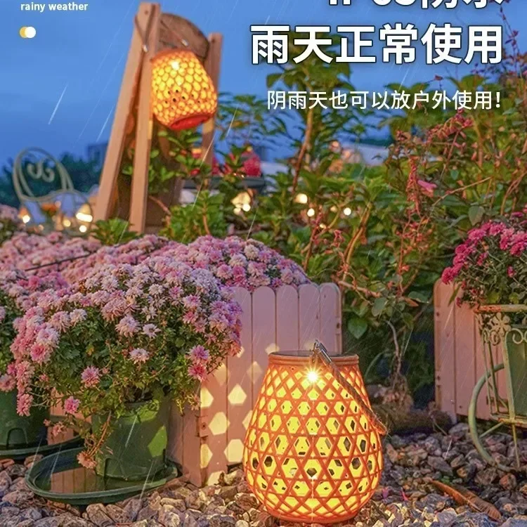 2024 Solar outdoor lamp courtyard landscaping layout atmosphere chandelier garden balcony rattan landing portable bamboo lantern