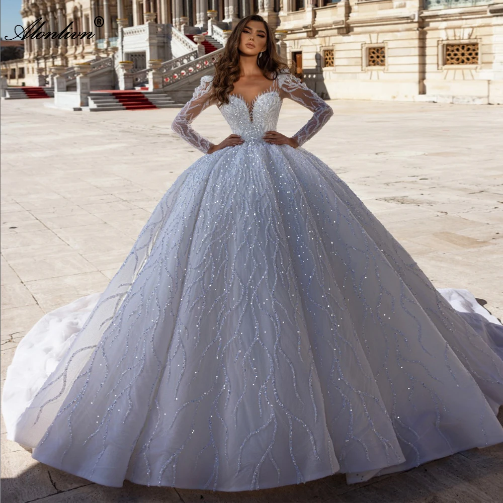 

Alonlivn Luxury Princess Ball Gown Wedding Dress With Beads Pearls Embroidery Lace Sweetheart Bridal Skirts