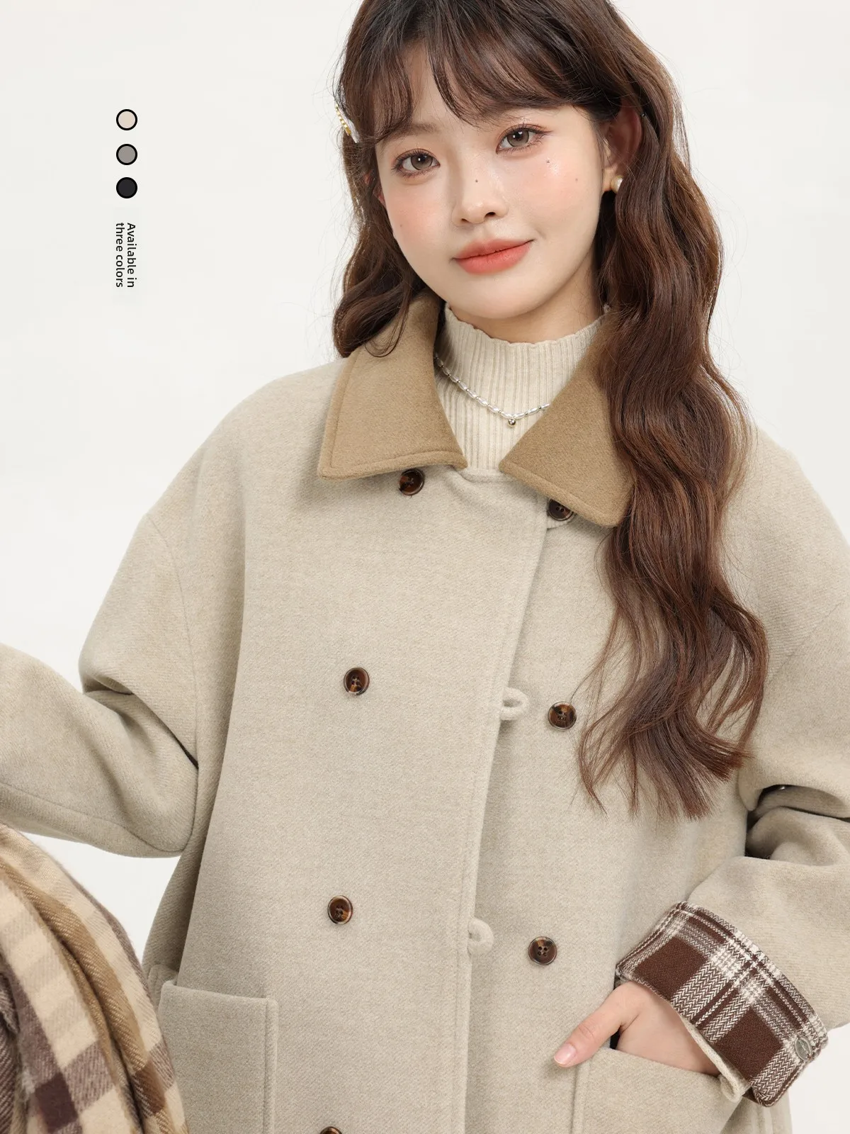 

Xinmon Retro Thiened Patchwork Plaid Double Buttoned Woolen Coat Casual Sle Korean Sle Slimming Long Coat for Women