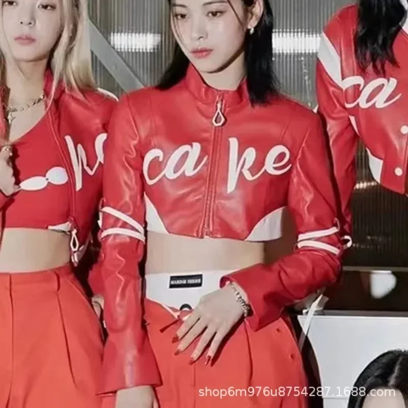 Kpop Women Group Jazz Dance Costume Outfit Sexy Red Zipper Jackets Straight Wide Leg Pants Performance Clothes Korean Stage Wear