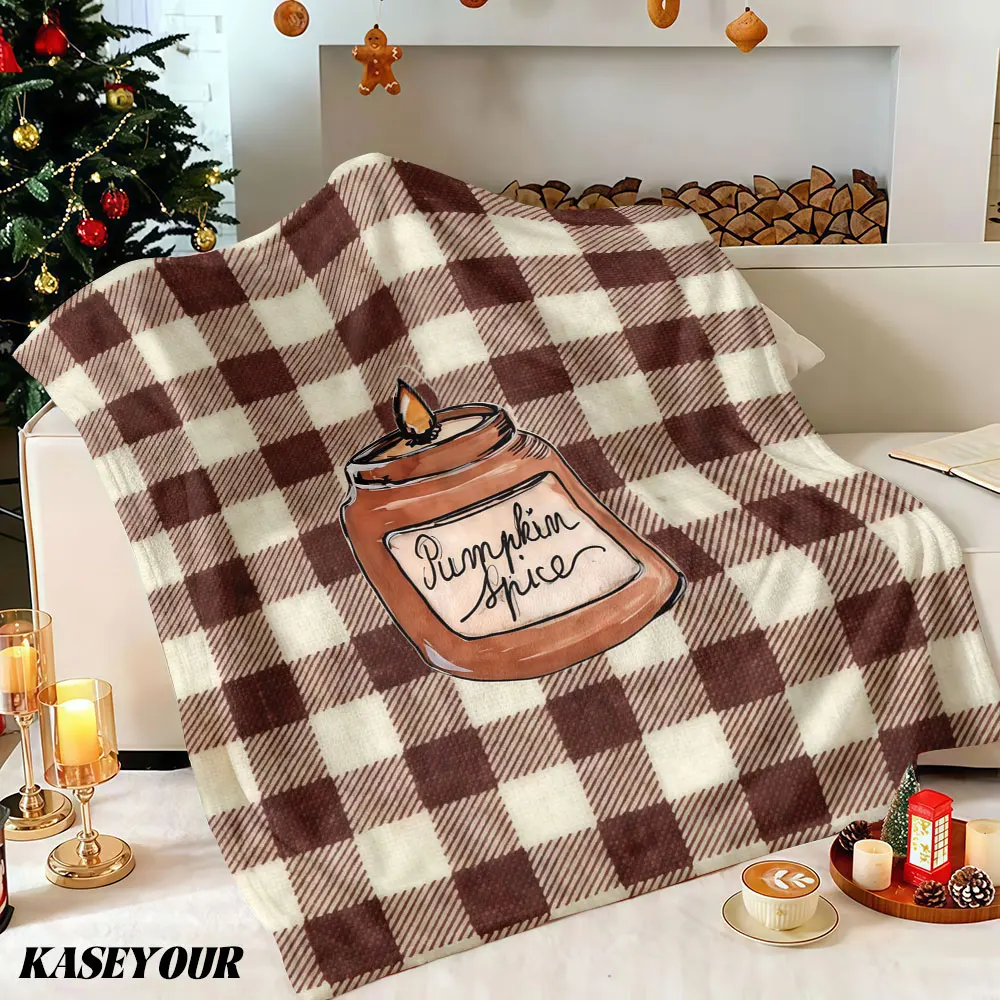 Karierte Kürbis-Gewürz-Kerze Winter Sommer Flanell-Decke Fleece-Überwurf Weiche Flauschige Plüsch Gemütliche Fleece-Decken für Sofa Ideale Geschenke