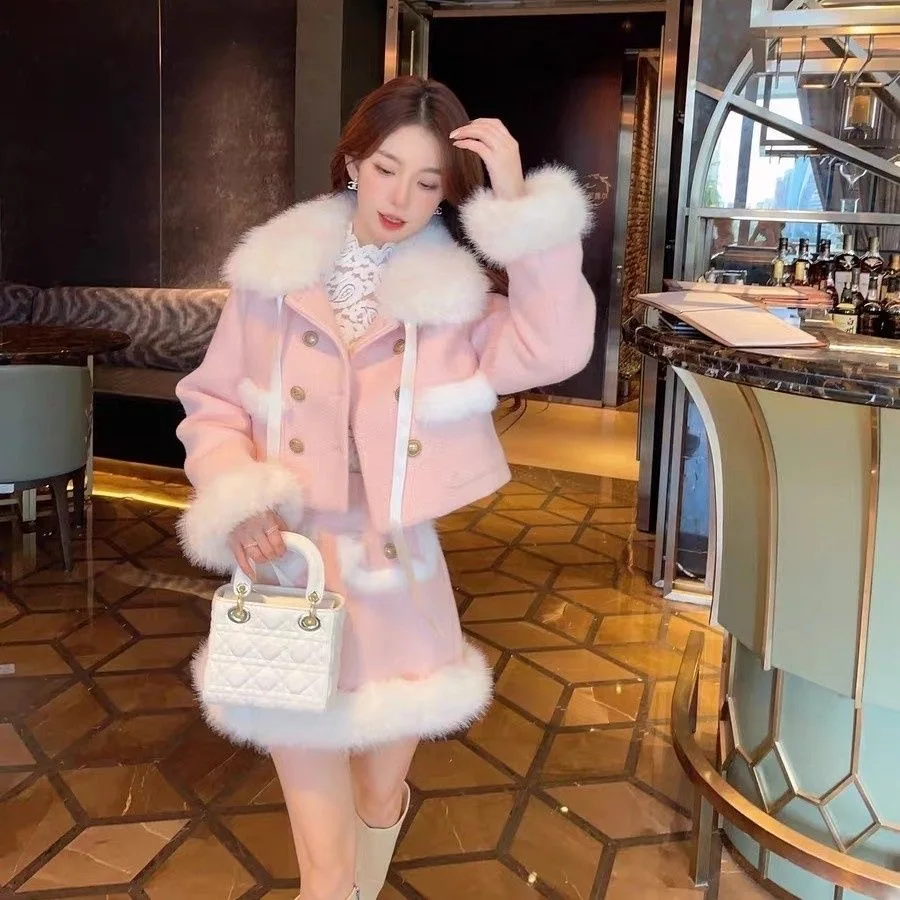 

Faionable Thiened Woolen Set for Women Winter 2026 Princ Sle Buttoning Long Sve ort Pants Luxury Sensation