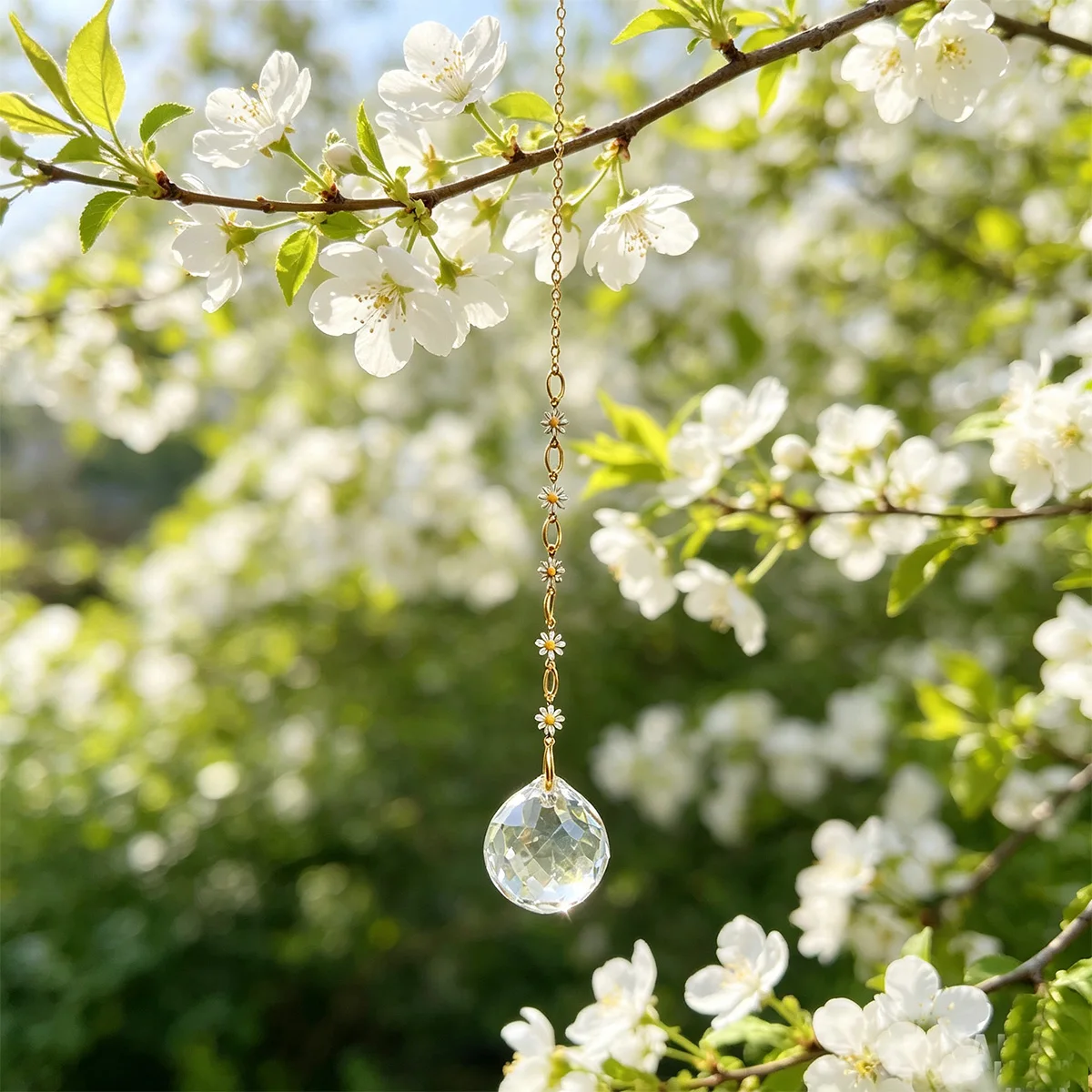 1 piece of fresh floral hanging ornament, gold chain crystal sun catcher, multi-faceted water drop crystal window decoration, suitable for bedroom/bay window/balcony/garden hanging decoration, healing gift/birthday pre