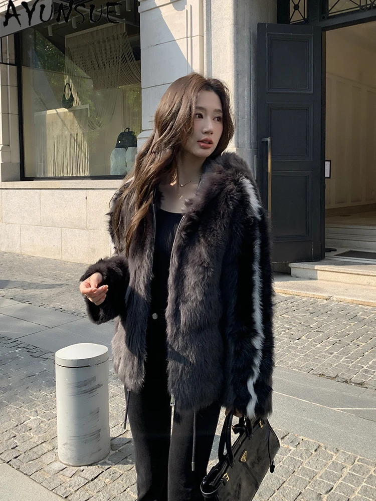 AYUNSUE, новинка 2025, дубленка, женские куртки средней длины с капюшоном из 100% натуральной шерсти для женской одежды, роскошные Ropa Para Mujer