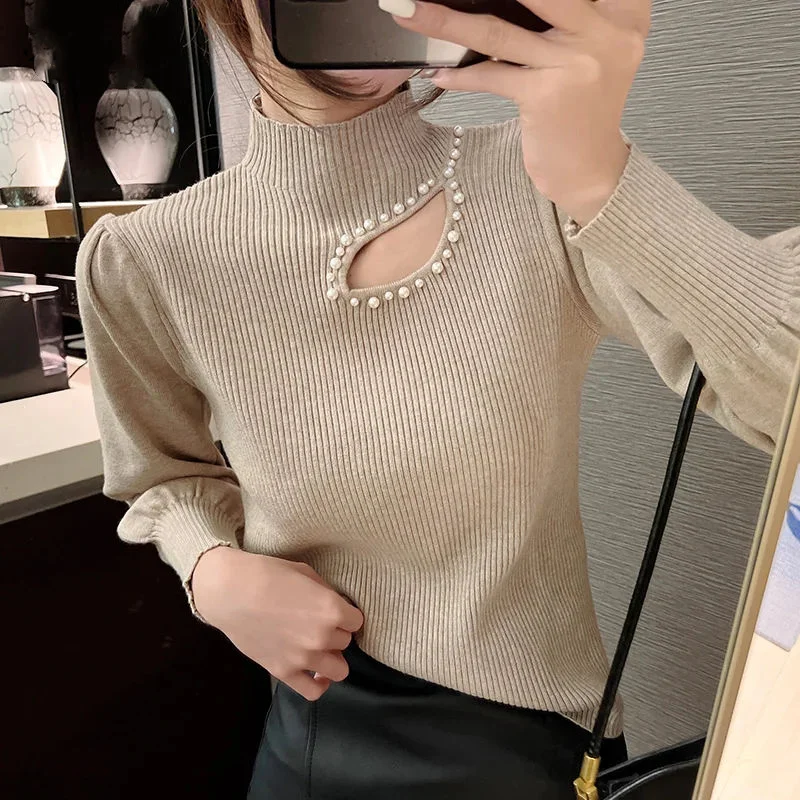 Autumn Winter New Fashion Elegant Women's Half High Collar Hollow Out Rivet Advanced Sense Puff Sleeve Commuter Sweaters Tops